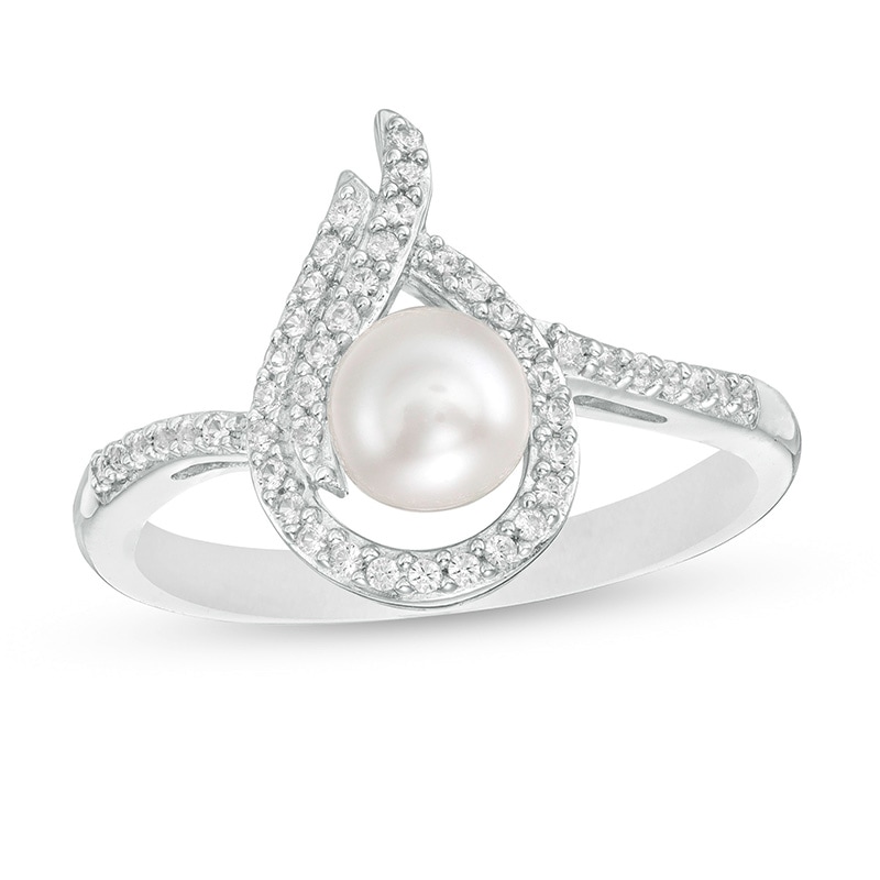 Previously Owned-5.0mm Button Freshwater Cultured Pearl and Lab-Created White Sapphire Flame Ring in Sterling Silver