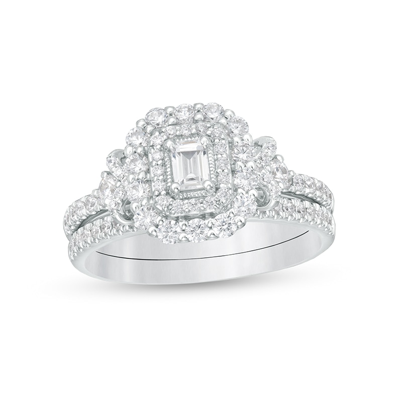 Previously Owned - 0.70 CT. T.W. Emerald-Cut Diamond Vintage-Style Bridal Set in 14K White Gold