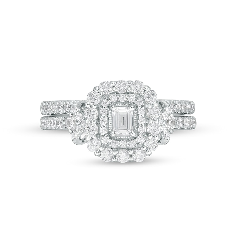 Main Image 2 of Previously Owned - 0.70 CT. T.W. Emerald-Cut Diamond Vintage-Style Bridal Set in 14K White Gold