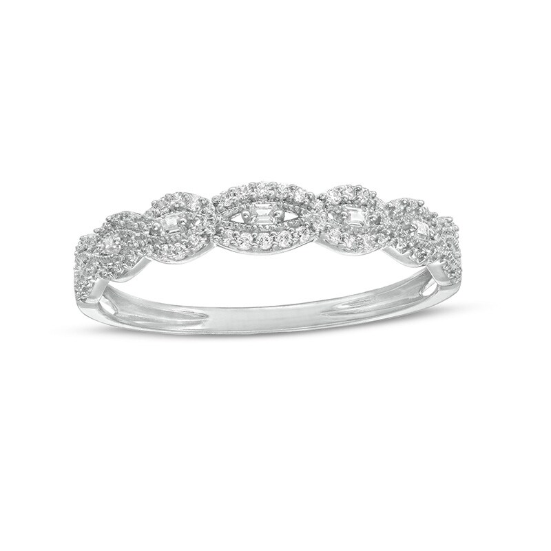 Previously Owned - 0.065 CT. T.W. Baguette and Round Diamond Vintage-Style Anniversary Band in 10K White Gold