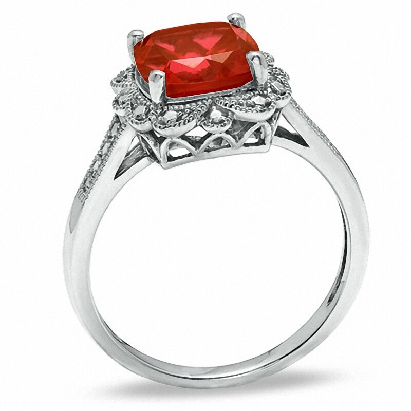 Main Image 2 of Previously Owned - 8.0mm Cushion-Cut Lab-Created Ruby Vintage-Style Ring in Sterling Silver