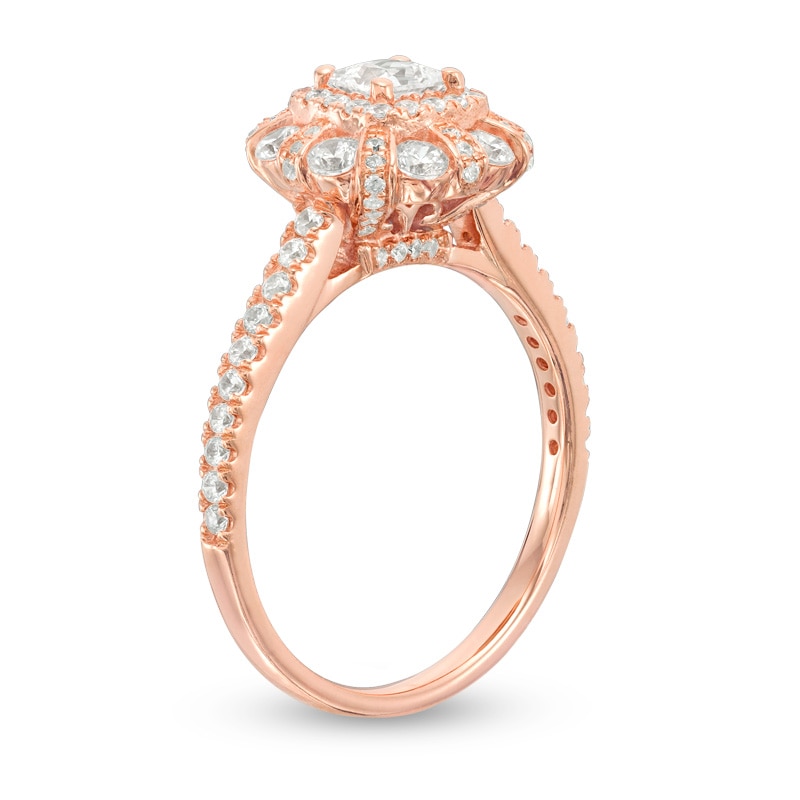 Previously Owned - 1.20 CT. T.W. Princess-Cut Diamond Flower Frame Engagement Ring in 14K Rose Gold