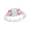 Previously Owned - Emerald-Cut Lab-Created Opal, Pink and White Sapphire Tri-Sides Three Stone Ring in Sterling Silver