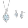 Previously Owned - Oval Aquamarine and Lab-Created White Sapphire Flame Pendant and Drop Earrings Set in Sterling Silver