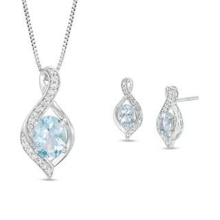 Previously Owned - Oval Aquamarine and Lab-Created White Sapphire Flame Pendant and Drop Earrings Set in Sterling Silver