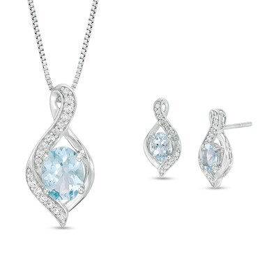 Previously Owned - Oval Aquamarine and Lab-Created White Sapphire Flame Pendant and Drop Earrings Set in Sterling Silver