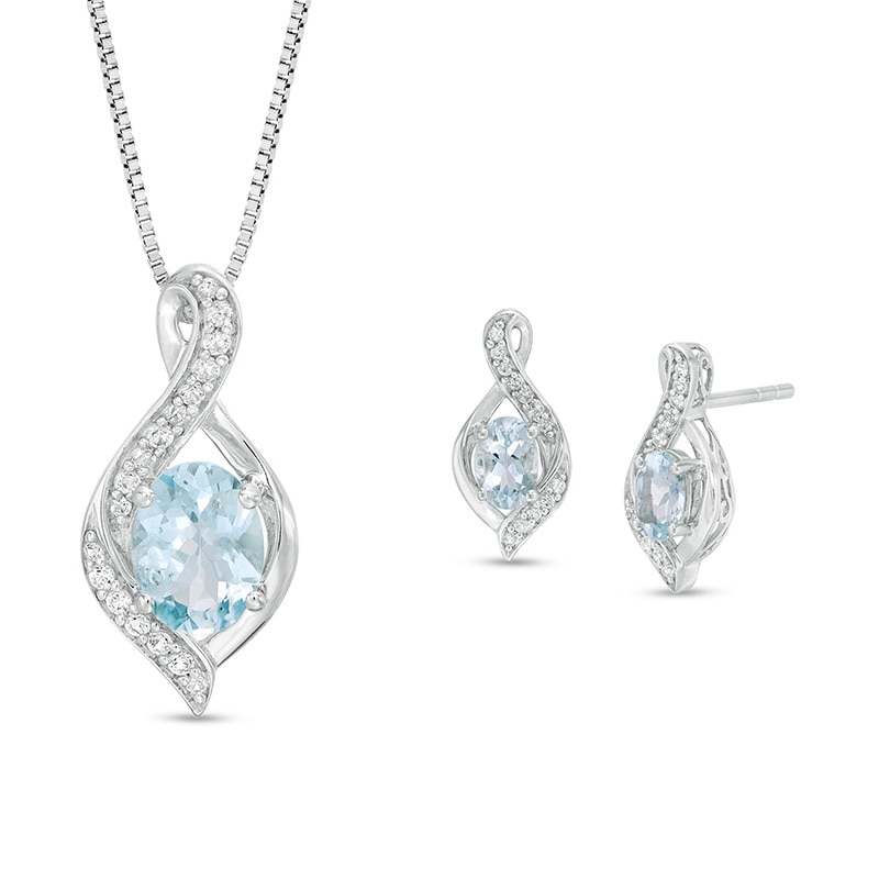 Previously Owned - Oval Aquamarine and Lab-Created White Sapphire Flame Pendant and Drop Earrings Set in Sterling Silver