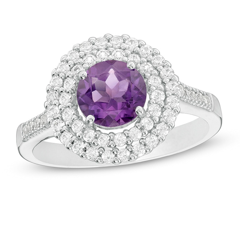 Previously Owned - 6.5mm Amethyst and Lab-Created White Sapphire Double Frame Ring in Sterling Silver