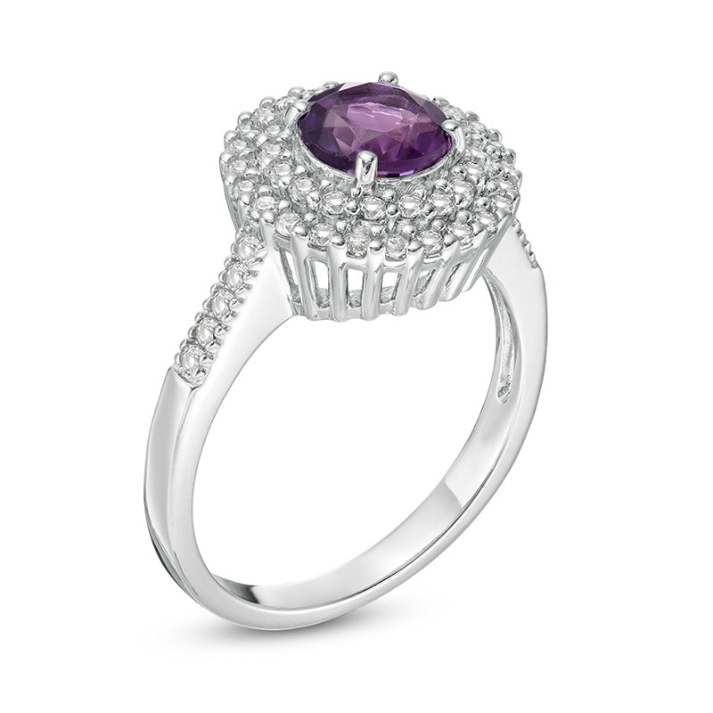 Previously Owned - 6.5mm Amethyst and Lab-Created White Sapphire Double Frame Ring in Sterling Silver