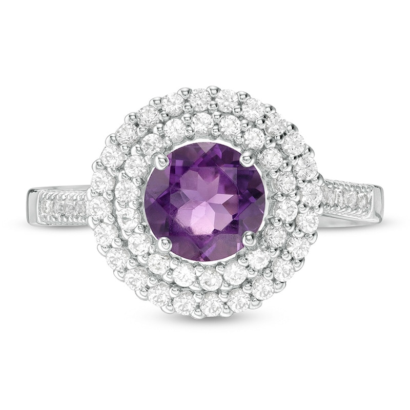 Previously Owned - 6.5mm Amethyst and Lab-Created White Sapphire Double Frame Ring in Sterling Silver
