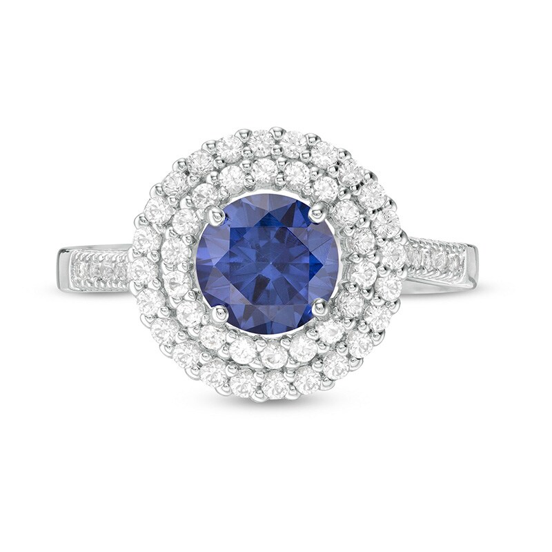Main Image 4 of Previously Owned - 6.5mm Lab-Created Blue and White Sapphire Double Frame Ring in Sterling Silver