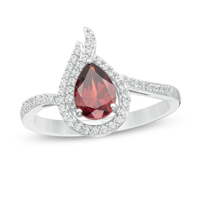 Previously Owned - Pear-Shaped Garnet and Lab-Created White Sapphire Flame Ring in Sterling Silver