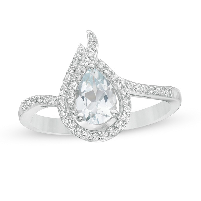 Previously Owned - Pear-Shaped Aquamarine and Lab-Created White Sapphire Flame Ring in Sterling Silver