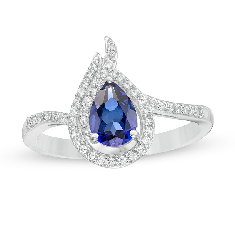 Previously Owned - Pear-Shaped Lab-Created Blue and White Sapphire Flame Ring in Sterling Silver