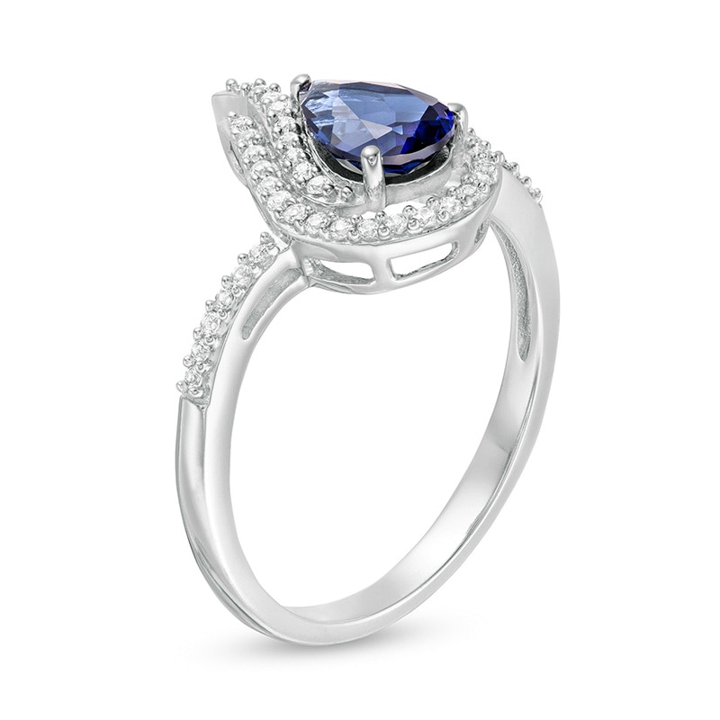 Previously Owned - Pear-Shaped Lab-Created Blue and White Sapphire Flame Ring in Sterling Silver