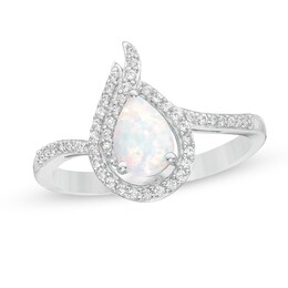 Previously Owned - Pear-Shaped Lab-Created Opal and White Sapphire Flame Ring in Sterling Silver