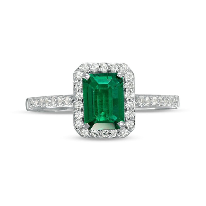 Previously Owned - Emerald-Cut Lab-Created Emerald and White Sapphire Frame Ring in Sterling Silver
