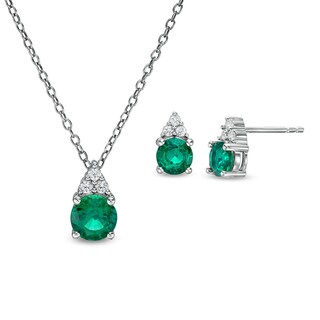 Previously Owned - Lab-Created Emerald and White Sapphire Tri-Top Pendant and Stud Earrings Set in Sterling Silver