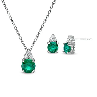 Previously Owned - Lab-Created Emerald and White Sapphire Tri-Top Pendant and Stud Earrings Set in Sterling Silver