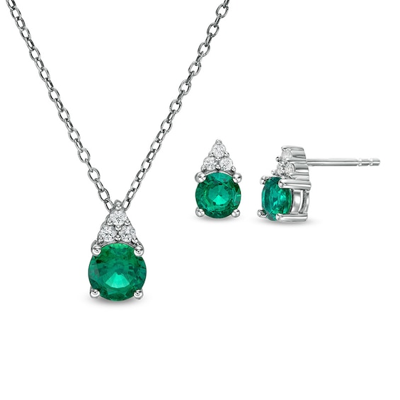 Previously Owned - Lab-Created Emerald and White Sapphire Tri-Top Pendant and Stud Earrings Set in Sterling Silver