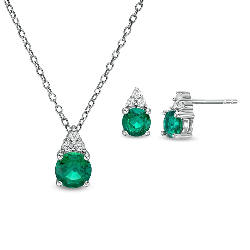 Previously Owned - Lab-Created Emerald and White Sapphire Tri-Top Pendant and Stud Earrings Set in Sterling Silver