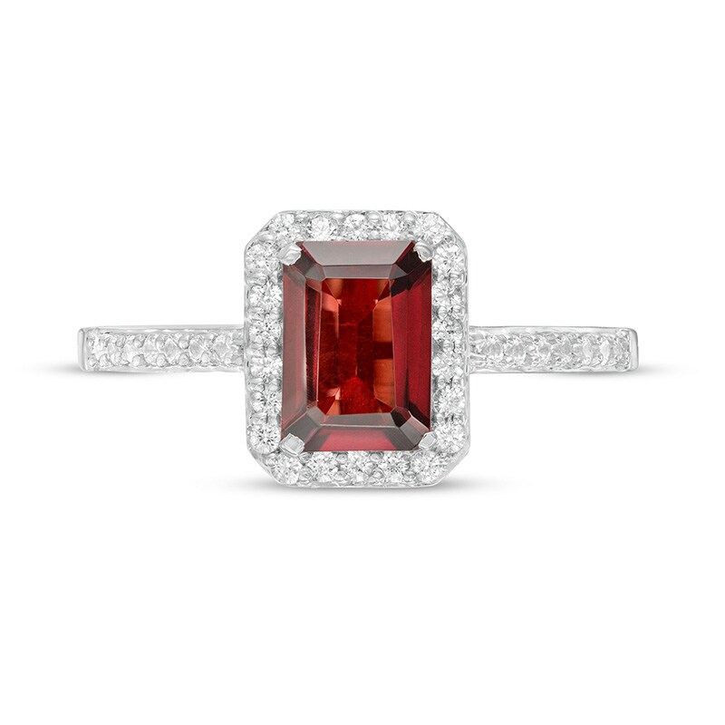 Previously Owned - Emerald-Cut Simulated Garnet and Lab-Created White Sapphire Octagonal Frame Ring in Sterling Silver