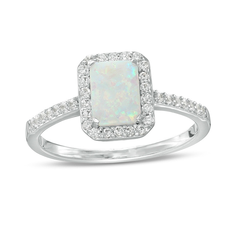 Previously Owned - Emerald-Cut Lab-Created Opal and White Sapphire Octagonal Frame Ring in Sterling Silver