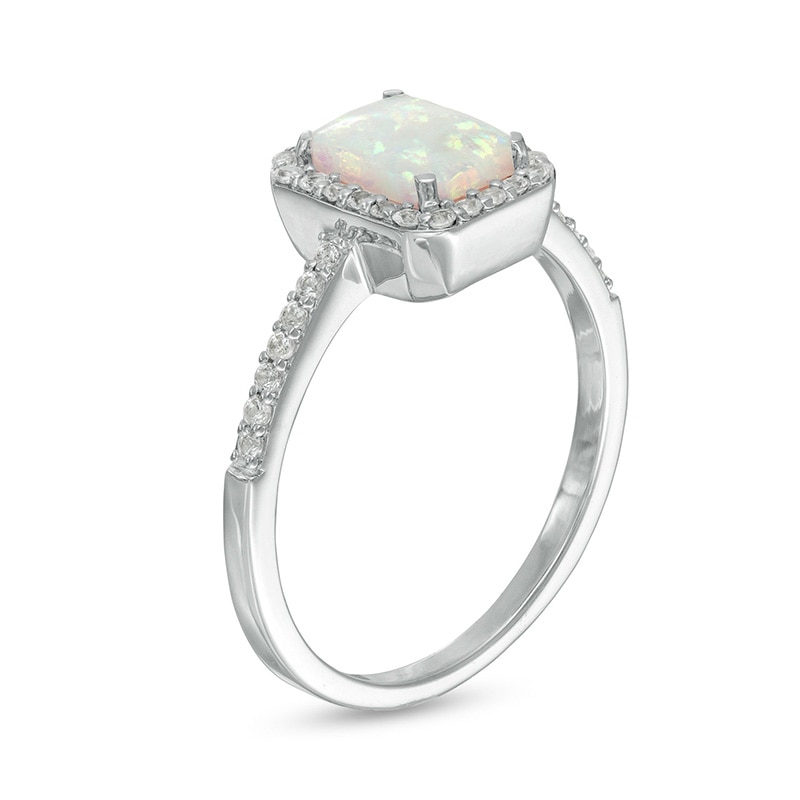 Previously Owned - Emerald-Cut Lab-Created Opal and White Sapphire Octagonal Frame Ring in Sterling Silver