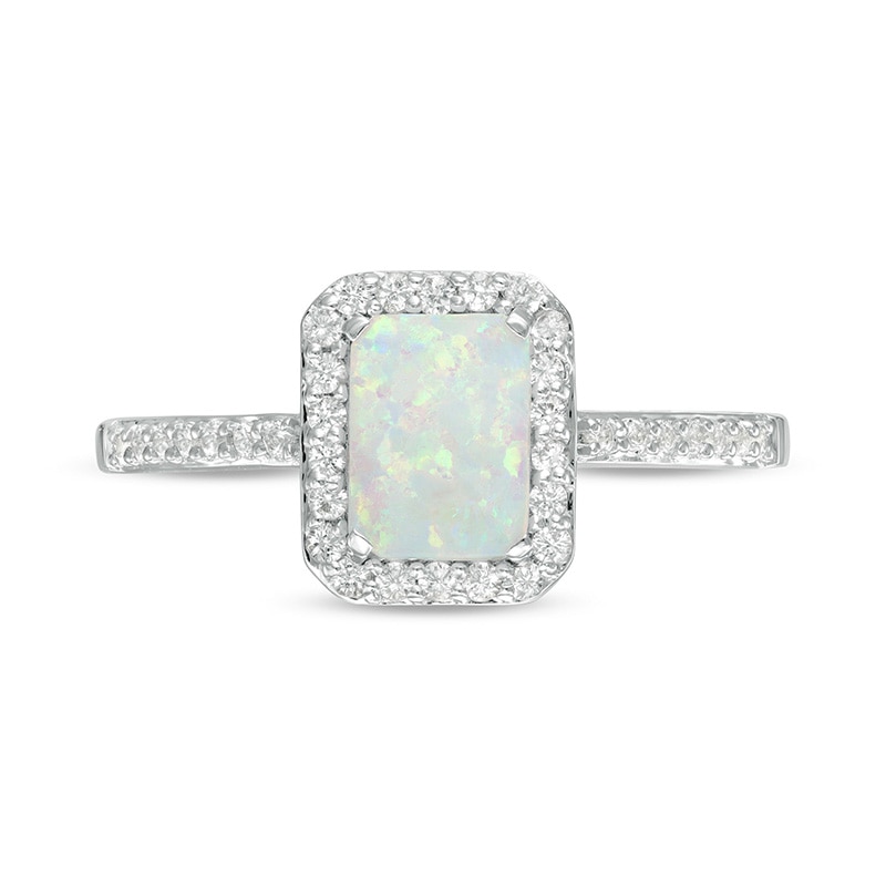 Previously Owned - Emerald-Cut Lab-Created Opal and White Sapphire Octagonal Frame Ring in Sterling Silver