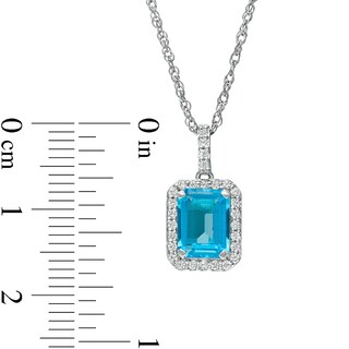 Previously Owned - Emerald-Cut Simulated Blue Topaz and Lab-Created White Sapphire Frame Drop Pendant in Sterling Silver