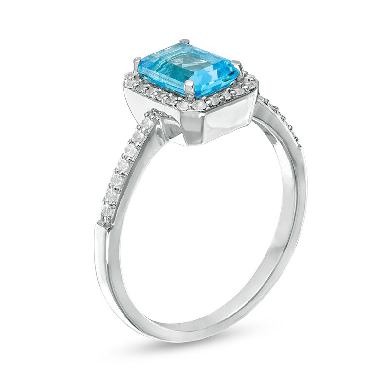 Previously Owned - Emerald-Cut Simulated Blue Topaz and Lab-Created White Sapphire Frame Ring in Sterling Silver