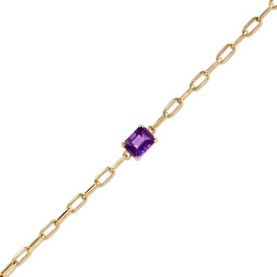 Previously Owned - Emerald-Cut Amethyst Solitaire and Paper Clip Chain Bracelet in 10K Gold - 7.25"
