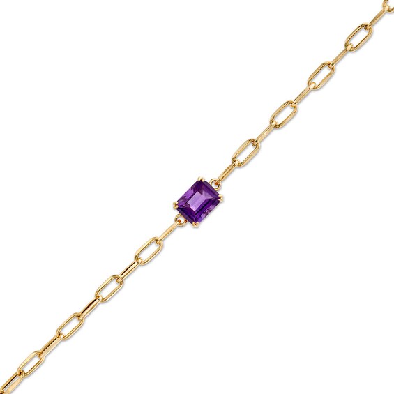 Previously Owned - Emerald-Cut Amethyst Solitaire and Paper Clip Chain Bracelet in 10K Gold - 7.25"