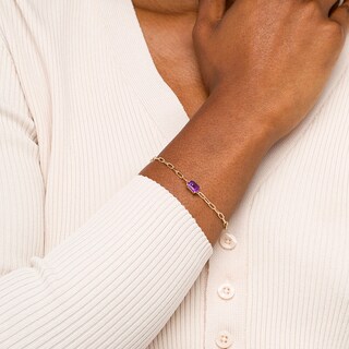 Previously Owned - Emerald-Cut Amethyst Solitaire and Paper Clip Chain Bracelet in 10K Gold - 7.25"