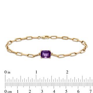 Previously Owned - Emerald-Cut Amethyst Solitaire and Paper Clip Chain Bracelet in 10K Gold - 7.25"
