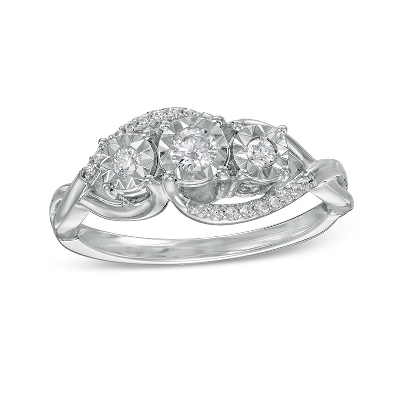 Previously Owned - 0.25 CT. T.W. Diamond Bypass Twist Shank Past Present Future® Engagement Ring in 10K White Gold