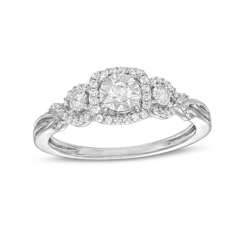 Previously Owned - 0.25 CT. T.W. Diamond Cushion Frame Twist Past Present Future® Engagement Ring in 10K White Gold