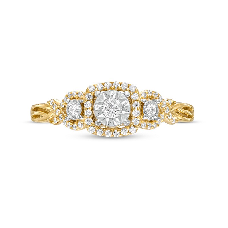 Main Image 4 of Previously Owned - 0.25 CT. T.W. Diamond Cushion Frame Twist Shank Past Present Future® Engagement Ring in 10K Gold