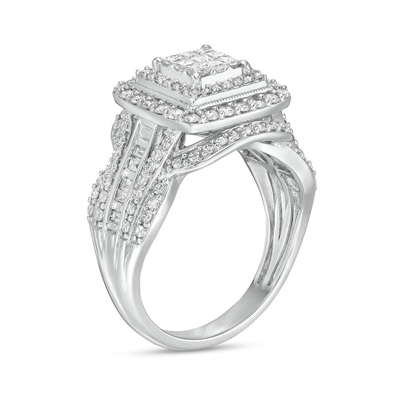 Previously Owned - 1.00 CT. T.W. Multi-Diamond Double Cushion Frame Vintage-Style Engagement Ring in 10K White Gold