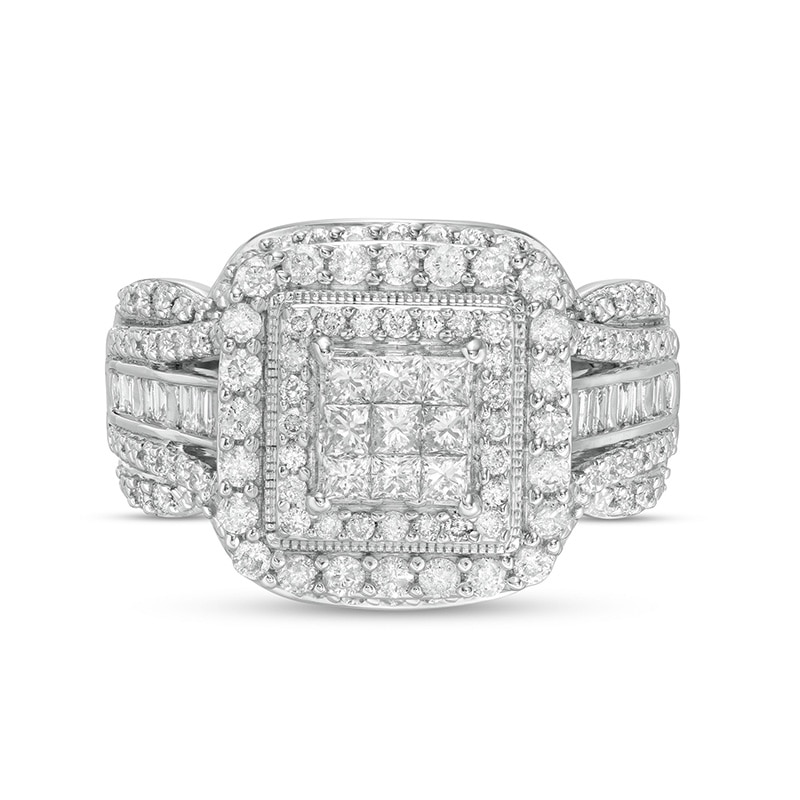 Previously Owned - 1.00 CT. T.W. Multi-Diamond Double Cushion Frame Vintage-Style Engagement Ring in 10K White Gold
