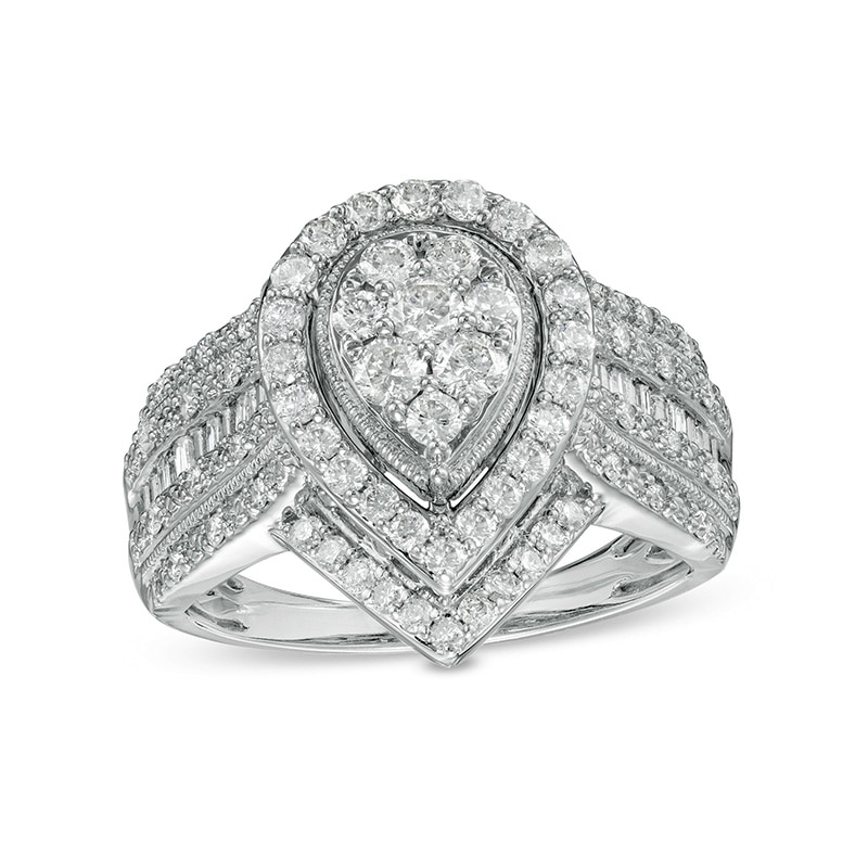 Previously Owned - 1.00 CT. T.W. Pear Multi-Diamond Frame Vintage-Style Multi-Row Engagement Ring in 10K White Gold