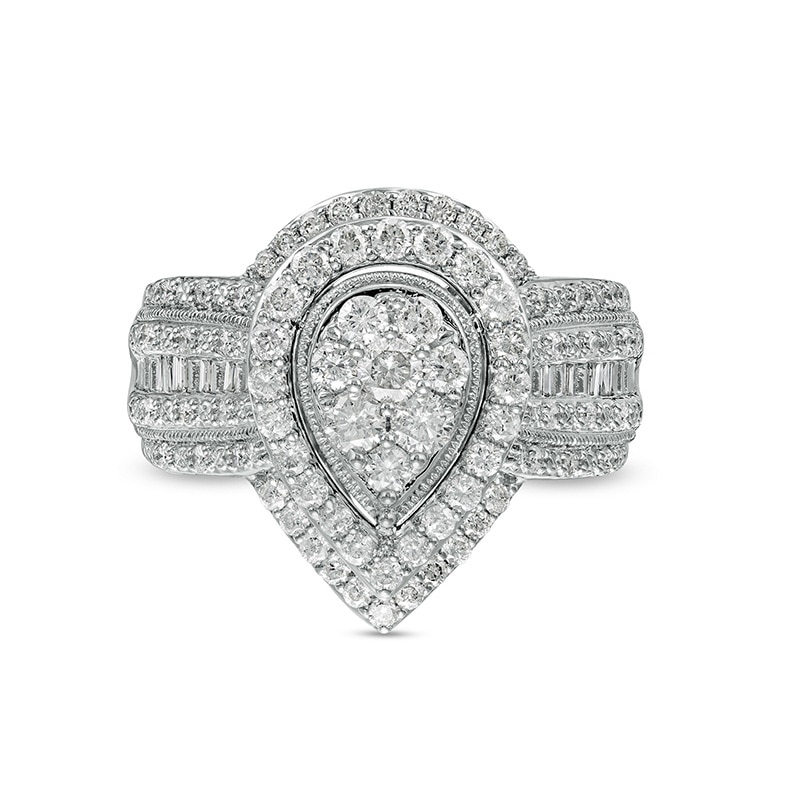 Previously Owned - 1.00 CT. T.W. Pear Multi-Diamond Frame Vintage-Style Multi-Row Engagement Ring in 10K White Gold