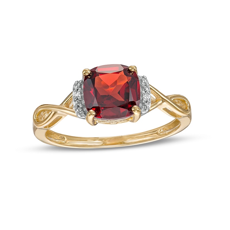 Previously Owned - 7.0mm Cushion-Cut Garnet and Diamond Accent Collar Infinity Shank Ring in 10K Gold