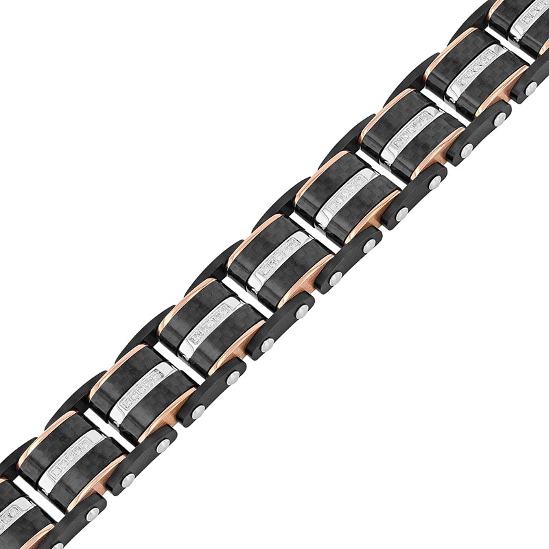 Previously Owned - Men's 0.31 CT. T.W. Diamond Riveted Multi-Row Link Bracelet in Tri-Tone Stainless Steel - 8.5"|Peoples Jewellers