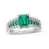 Thumbnail Image 0 of Previously Owned - Emerald-Cut Lab-Created Emerald and White Lab-Created Sapphire Triple Row Ring in Sterling Silver