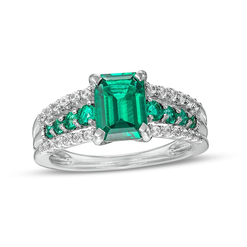 Previously Owned - Emerald-Cut Lab-Created Emerald and White Lab-Created Sapphire Triple Row Ring in Sterling Silver