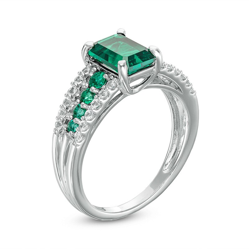 Previously Owned - Emerald-Cut Lab-Created Emerald and White Lab-Created Sapphire Triple Row Ring in Sterling Silver