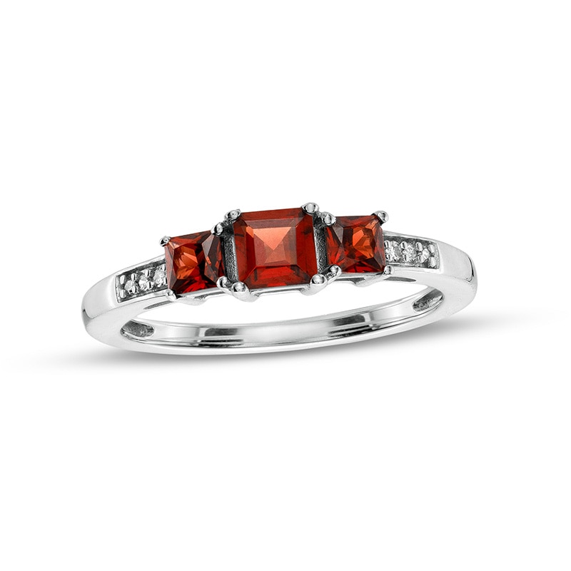 Previously Owned - Princess-Cut Garnet and Diamond Accent Three Stone Ring in 10K White Gold