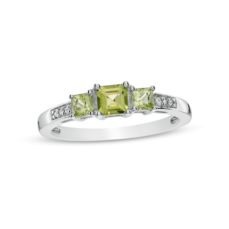 Previously Owned - Princess-Cut Peridot and Diamond Accent Three Stone Ring in 10K White Gold