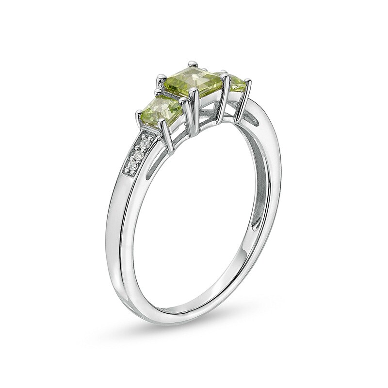 Previously Owned - Princess-Cut Peridot and Diamond Accent Three Stone Ring in 10K White Gold